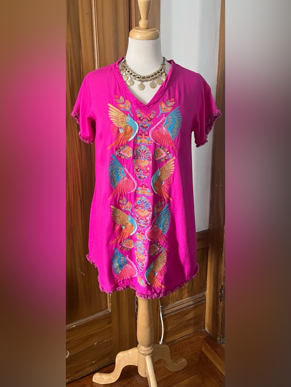 Judith March Magenta Embroidered Bird Tunic
